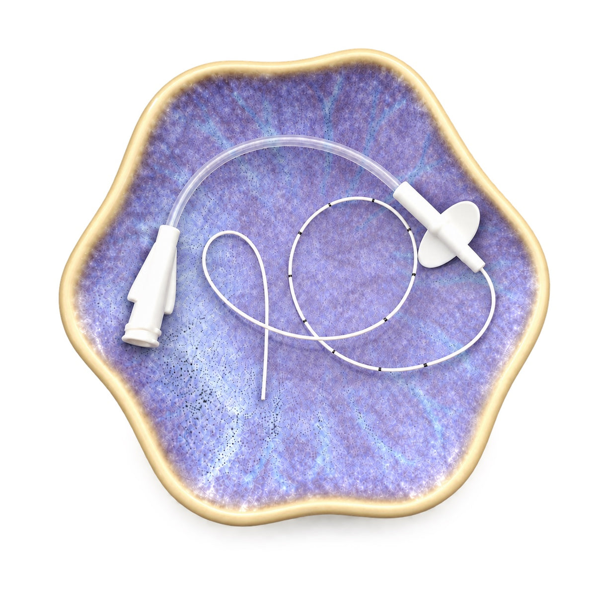 Lumenline Size 1 feeding tube displayed on a purple dish, top view