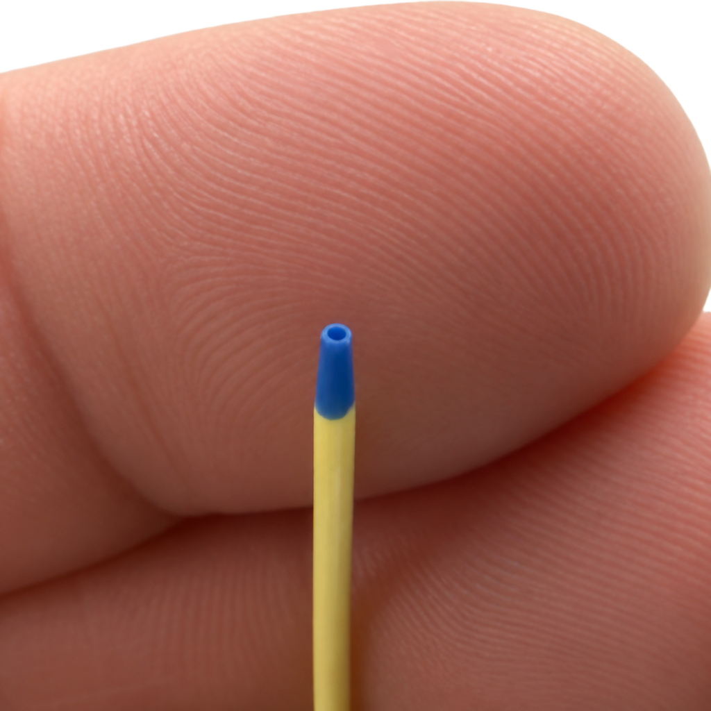 Macro front view of the rounded soft flex tip on a Lumenline Size 3 1.26 mm feeding tube.